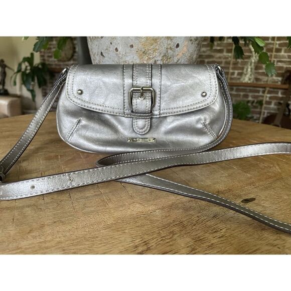Nine West Metallic Silver Mini Crossbody Purse Buckle Flap Adjustable Strap - Picture 1 of 7